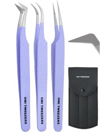 Fiber Tip Lash Tweezers- Pack of 3 Eyelash Extension Tweezers Professional- Lash Tweezers. (Mauve Purple)