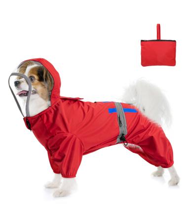 Slowton raincoat dog waterproof reflective dog rain coat with a hood and storage bag for small medium and large dogs hundred jacket for walks windproof and light M (back length: 35cm) red