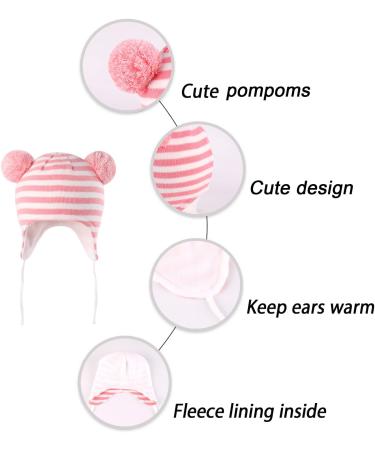 LANGZHEN Toddler Winter Hat for Baby Boys Girls 1-2 Years - Pink-Stripe Knit Beanie with Earflap and Fleece Lining - Buy Online on GoSupps.com