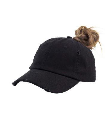 Eohak Ponytail Baseball Hat Distressed Retro Washed Womens Twill Black-1 Medium