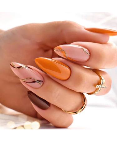JUSTOTRY 24 Pcs Glitter Swirl Stiletto False Nails Short Orange French Press on Nails Pattern Pretty Fake Nails Short with Nail Glue Almond Stick on Nails for Women Nails Fake Nail for Nails Art orange&glitter