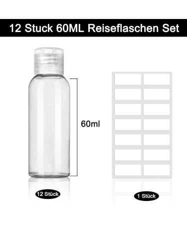 Kornerain 12stk 60ml Travel Bottle Set - Transparent Leak Proof Bottles for Shampoo Conditioner & Lotion - Perfect for Hand Luggage - Buy Online on GoSupps.com