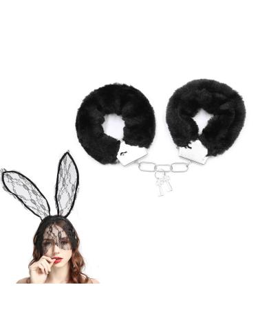 Metal Handcuffs with 2 Keys Lace Bunny Ear Headband Fluffy Handcuffs Cosplay Costume Props for Cosplay Handcuffs Prop Dress Ball Party