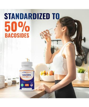 Vitamatic Bacopa Monnieri 2500 mg Equivalent Per Serving (from 10:1 Extract 250 mg) Nootropic Herbal Supplement - 50% Bacosides, Non-GMO & Gluten Free - 180 Vegetable Capsules - Buy Online on GoSupps.com