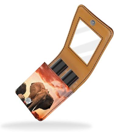 Stylish Leather Lipstick Case Organizer with Mirror - Mini Lip Gloss Holder - African Grassland Elephant Design - Buy Online on GoSupps.com