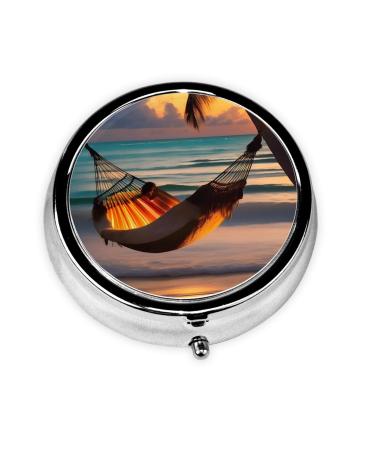 Sunset Beach Hammockround Pill Box 3 Compartments Round Pill Box Organizer for Purse Or Pocket &*Portable Travel Pill Box