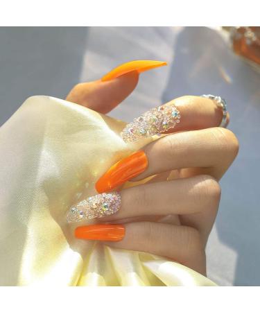 Sethexy Sparkle Long Ballerina False Nails - Shiny Bling Coffin Acrylic Press-On Nail Tips (24 pcs Orange) for Women & Girls - International Shipping - Buy Online on GoSupps.com