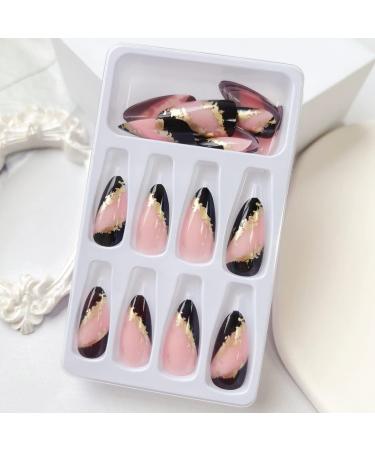 Medium Almond Black French Tip Press on Nails with Gold Foil - 24pcs - Buy Online on GoSupps.com