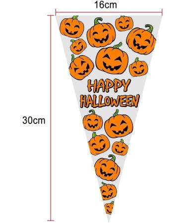 VDL Pack of 100 Halloween Sweet Cones Pumpkin themed Clear Treat Bags with Twist Ties (16x30cm) - Buy Online on GoSupps.com