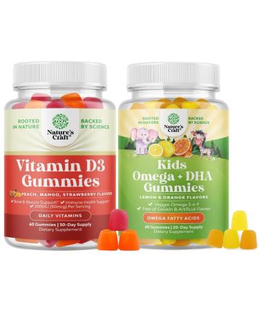 Bundle of Vitamin D3 Gummies for Daily Wellness with 2000IU per Serving Bone Muscle & Immune Support and Kids DHA Omega 3 Gummies - Fatty Acids Omega 3 6 9 for Brain Immune Strength & Vision