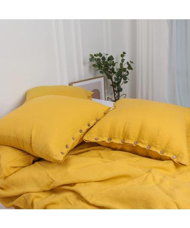 Simple&Opulence 100% Linen Euro Shams 26''x26'' - Pack of 2, Washed Solid Natural Flax, Mustard Yellow with Coconut Button - Buy Online on GoSupps.com