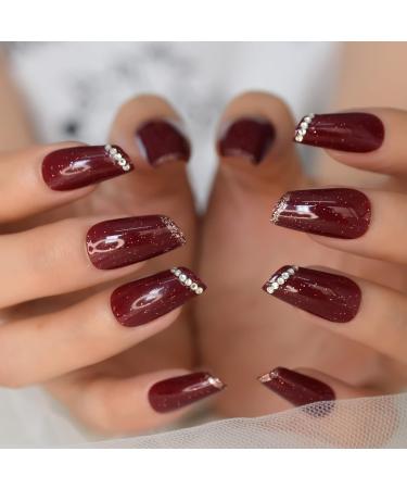 Burgundy Galaxy Glitter Shiny Medium Length Fake Nails Set - 24 Rhinestone DIY Nail Art Tips - Buy Online on GoSupps.com