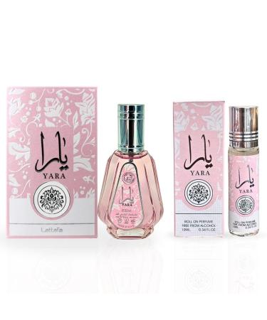 LATTAFA Yara EDP Spray 50 ML (1.7 OZ) & Yara Roll-On Perfume Oil CPO - 10ML (0.34 OZ) Experience the Floral Elegance. (MAJESTIC BUNDLE)