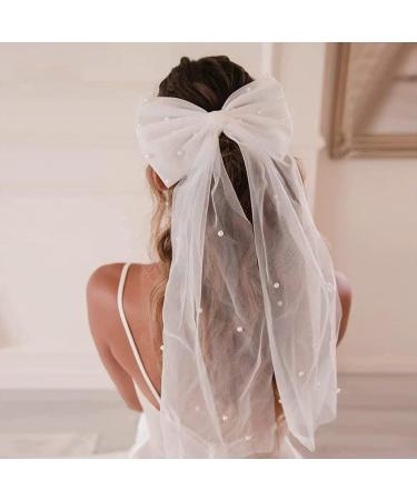 Wedding Bridal Bow Veil Hair Clip Large Bowknot Lace Hair Barrettes with Pearl French Vintage White Veil Hair Grips Bridesmaid Hair Accessories for Party Gift Girls Women - Buy Online on GoSupps.com