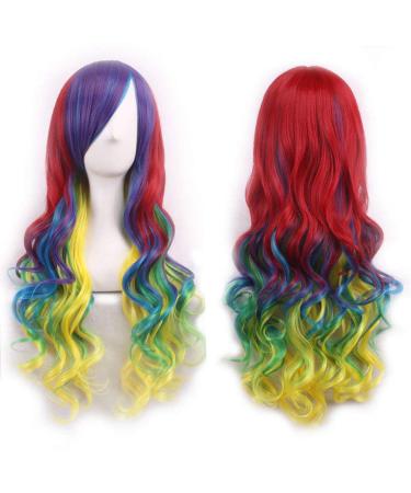 ColorfulPanda Long Wavy Curly Wigs for Women Synthetic Hair Wig Cosplay Wigs for Women Fancy Dress Costume Hallowen Party (Red Purple Blue Yellow) Red-Blue-Yellow