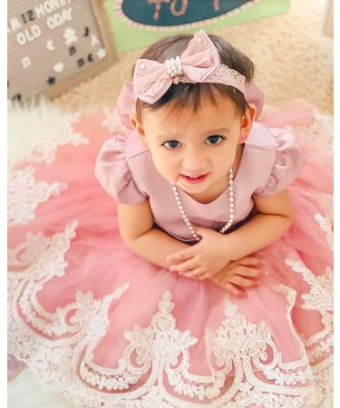 Baby Girls Lace Princess Dress with Bowknot Headwear | 2-3 Years | Bean Pink - Buy Online on GoSupps.com