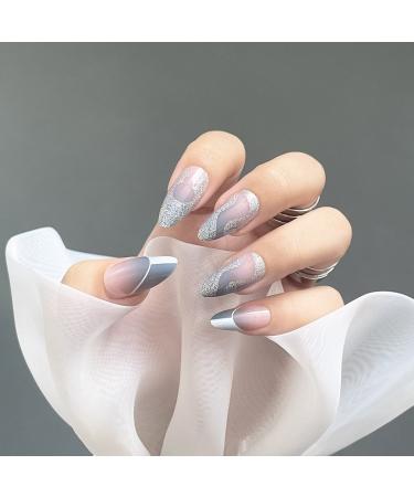 JUSTOTRY 24 Pcs Almond Glitter Silver Short False Nails Grey French Press on Nails Pattern Fake Nails Short with Nail Glue Oval Medium Stick on Nails for Women Nails Fake Nail for Nails Art silver&almond2