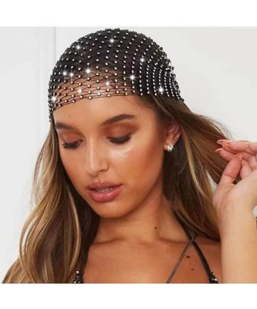 JEAIRTS Rhinestone Mesh Headband Sparkly Wide Head Scarfs Stretchy Crystal Nightclub Headwrap Rave Costume Hair Accessories for Women and Girls (1-Black)