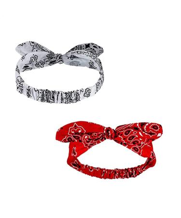 Bandana Headband Headwrap  2PCS Bow Headbands  Retro Paisley Print Headbands for Girls and Women (Red  White)