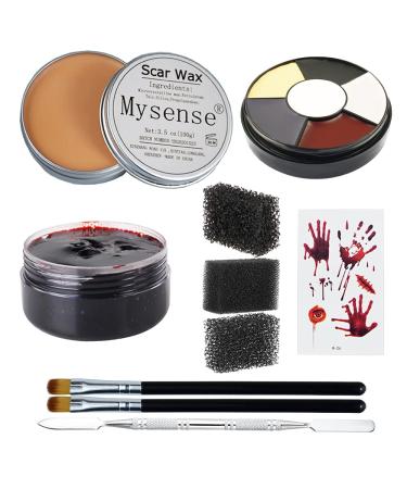 Mysense 3.5Oz(100g) Nose and Scar Wax SFX Zombie Make Up Special Effects Fake Molding Wound Skin Wax Halloween Stage Makeup with 6 Color Body Paint Spatula Fake Blood Gel Tatooes Stipple Sponges D2