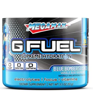 G Fuel Megaman Electrolytes Powder Water Mix for Hydration Energy and Focus Sugar Free Zero Caffeine Supplement w/Essential Minerals Blue Raspberry Vanilla Slushee Flavor - 3.3 oz (30 Servings)