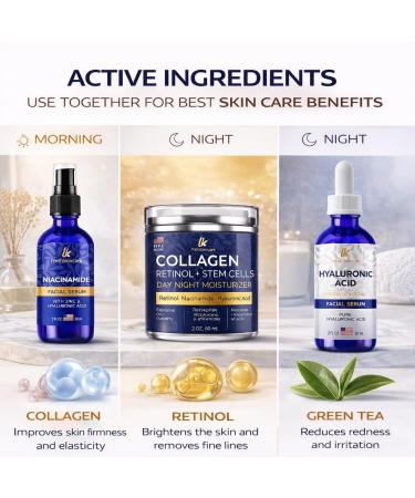 Instaskincare Set with Niacinamide Hyaluronic Acid & Collagen Retinol Moisturizer 3-Piece Facial Care Kit for Hydration Glow & Smooth Skin - Buy Online on GoSupps.com