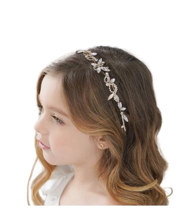 IYOU Flower Girl Headband Gold Crystal Headpiece Communion Wedding Hair Vines Bridal Hair Accessories for Girls
