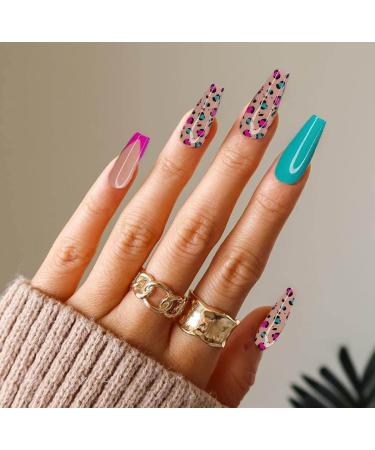 Vatocu Shiny Long French False Nails - Blue Leopard Pattern Stick-On Acrylic Nails for Women & Girls (24 Pieces) - Buy Online on GoSupps.com