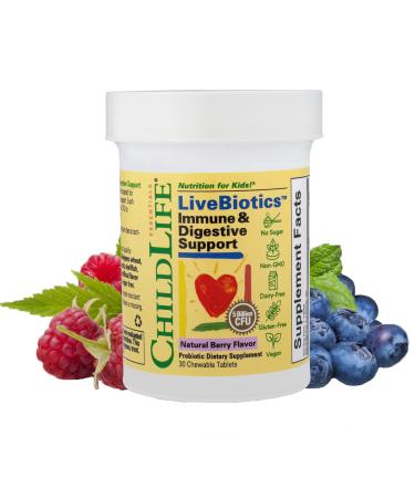 ChildLife LiveBiotics Immune & Digestive Support Natural Berry Flavor 5 Billion CFU 30 Chewable Tablets
