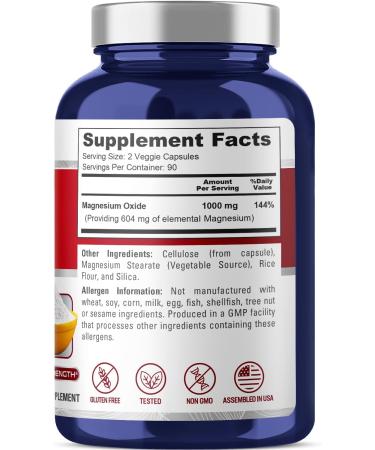 Pure Magnesium Oxide 1000mg | 180 Veggie Caps | Non-GMO & Gluten Free - Buy Online on GoSupps.com