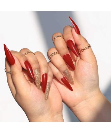 Sethain Glossy Glitter False Nails Green Fake Nail Rhinestone Long Full Cover Coffin Press on Nails for Women and Girls (Red) - Buy Online on GoSupps.com