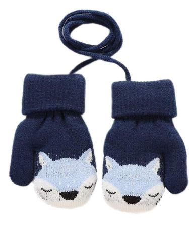 Baby Toddler Cute Fox Winter Warm Knitted Magic Mittens Gloves with Furry Lining Hanging On Neck Mittens for Girls Boys Age 1-3Years Dark Blue
