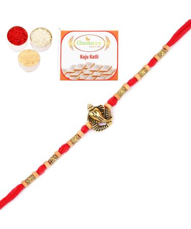 Ghasitaram Gifts Rakhi for Brother Rakhis Online- LD-9923 Ganesha Beads Rakhi with 200 GMS of Kaju katli