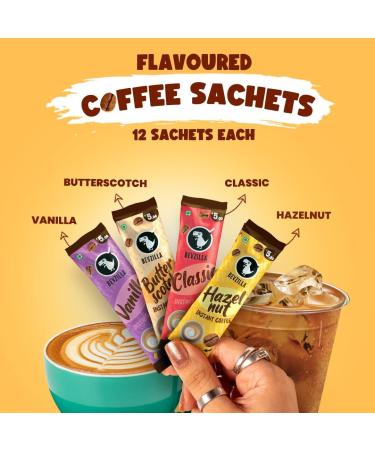 BVZ 48 Instant Coffee Powder Sachets (48 X2 Gram Sachets)| Turkish Hazelnut Colombian Gold French Vanilla & English Butterscotch | 12 Sachets Each Flavour| Hot & Cold Coffee| Makes 48 Cups| 100 % Arabica Coffee| Strong Coffee| Best Coffee | Espresso Latte - Buy Online on GoSupps.com