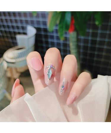 Sethexy Glossy Oval Long False Nails - Light Rhinestone Pink Full Cover Acrylic Fingernails for Women & Girls - 24 Stunning Sparkle Designs - Buy Online on GoSupps.com