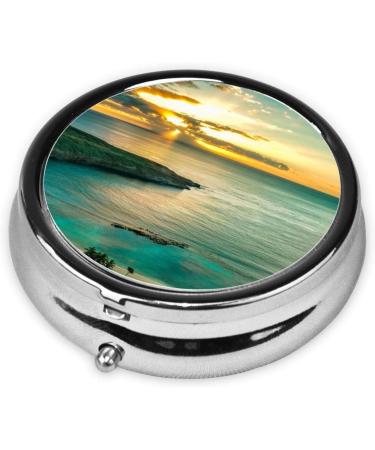 Sunrise Over Hanauma Bay Round Pill Box | Travel 3 Compartment Decorative Case | Hawaii Mini Purse Accessory - Buy Online on GoSupps.com