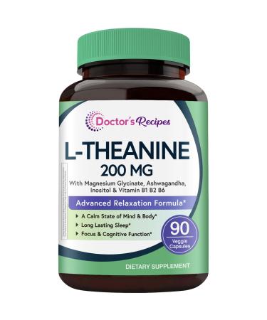 Doctor's Recipes L-Theanine 200 mg Magnesium Glycinate Ashwagandha Inositol Vitamin B6 B1 B2 Calm Relaxation Mood Cortisol Manager Nerve Focus Sleep Aid Quality No Drowsiness Vegan 90 Capsules