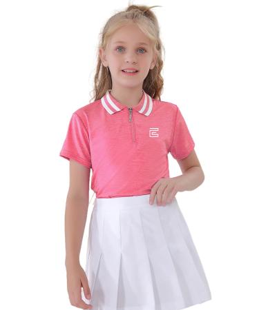 EXARUS Girls' Golf Tennis Polo Shirts Kids V-Neck Athletic Workout Moisture Wicking Quick Dry UPF 50+ Zip Rose 10 Years