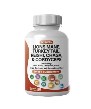 SXNWSN Lion's Mane 20-in-1 Mushroom Complex with Turkey Tail Reishi Cordyceps - Immune Boost Cognitive Support & Energy Enhancer 60 Vegan Capsules Supplement