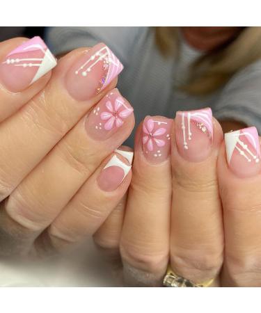 SINLOV Short Square Fake Nails Flower Glossy Press on False Nails Pink Nude French Full Cover False Nails for Women and Girls