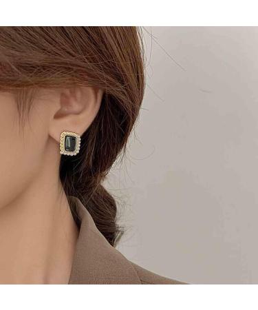 Vintage Black Square Earrings | Onyx & Enamel Studs | Elegant Pearl Jewelry for Women - Buy Online on GoSupps.com