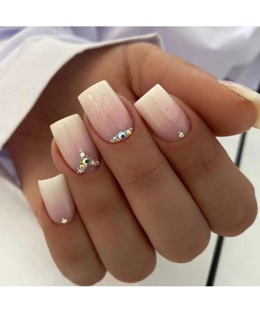 24PCS French False Nails Short Square Stick on Nails Nude White Glitter Press on Nails with Glue Stickers Removable Glue-on Nails Fake Nails Set Women Girls Nail Art Accessories Square Rhinestones