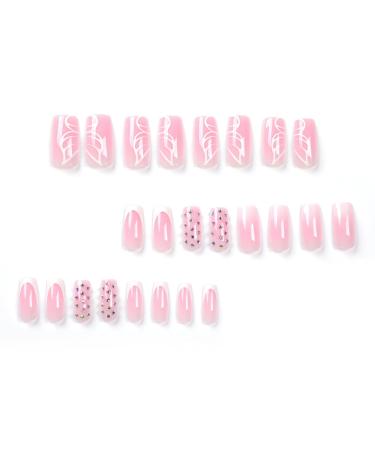 Mouyouglow Press-On Nails | Ombre Pink White French 3D Rhinestones & Butterfly Print | Long Square Fake Nails with Glue | Pink Artificial Fingernails W8 - Shop Internationally! - Buy Online on GoSupps.com