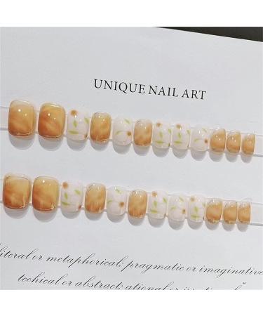 Spring Floral Camellia Short Round Press On Nails - 28 PCS with Glue | Glossy Orange False Nails - Buy Online on GoSupps.com