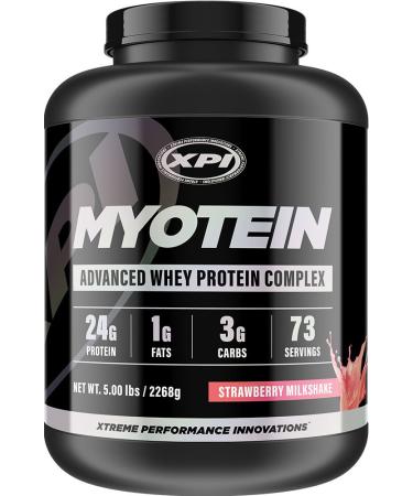 XPI Myotein Protein Powder (Strawberry, 5lbs) - Best Whey Protein Powder Complex - Great Tasting - Hydrolysate, Isolate, Concentrate, Colostrum, & Micellar Casein Strawberry Milkshake 5 Pound Bottle