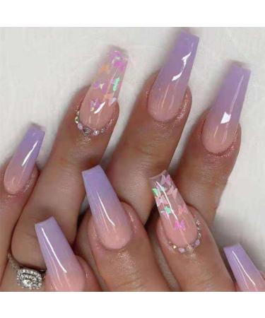 Enppode Long Fake Nails French Tip Press on Nails Coffin Stick on Nails with Butterfly Design Purple Nails for Women Butterfly Nails