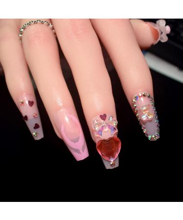 Nude Heart Medium Acrylic Press on Fake Nails Set - 24 Bear Diamond Coffin False Nails with Glue Tabs | Glossy Full Cover Stick on Nails for Women - JP1360 - Buy Online on GoSupps.com