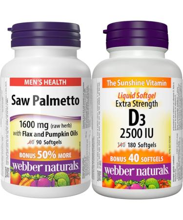 Webber Naturals Saw Palmetto 160 mg Contains Flax and Pumpkin Oil 90 Softgel & Vitamin D3 2500 IU Extra Strength 180 Softgels For Healthy Bones Teeth and Helps Prevent Vitamin D Deficiency Saw Palmetto + VITAMIN 3818