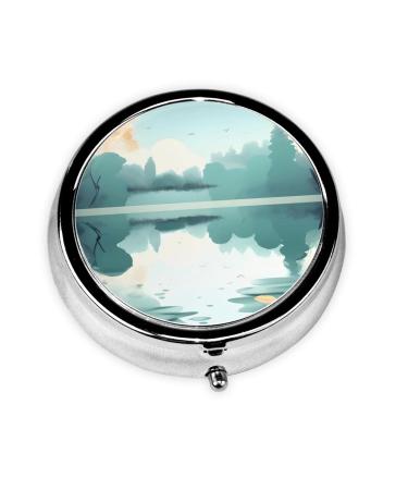 Fallen Leaves On A Tranquil Lakeround Pill Box 3 Compartment Round Pill Box Organizer Portable Travel Pill Box for Traveling.
