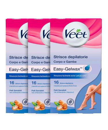 Veet Sensitive Skin Depilatory Strips for legs arms armpits and bikini pack of 3 (3 x 16 pieces)